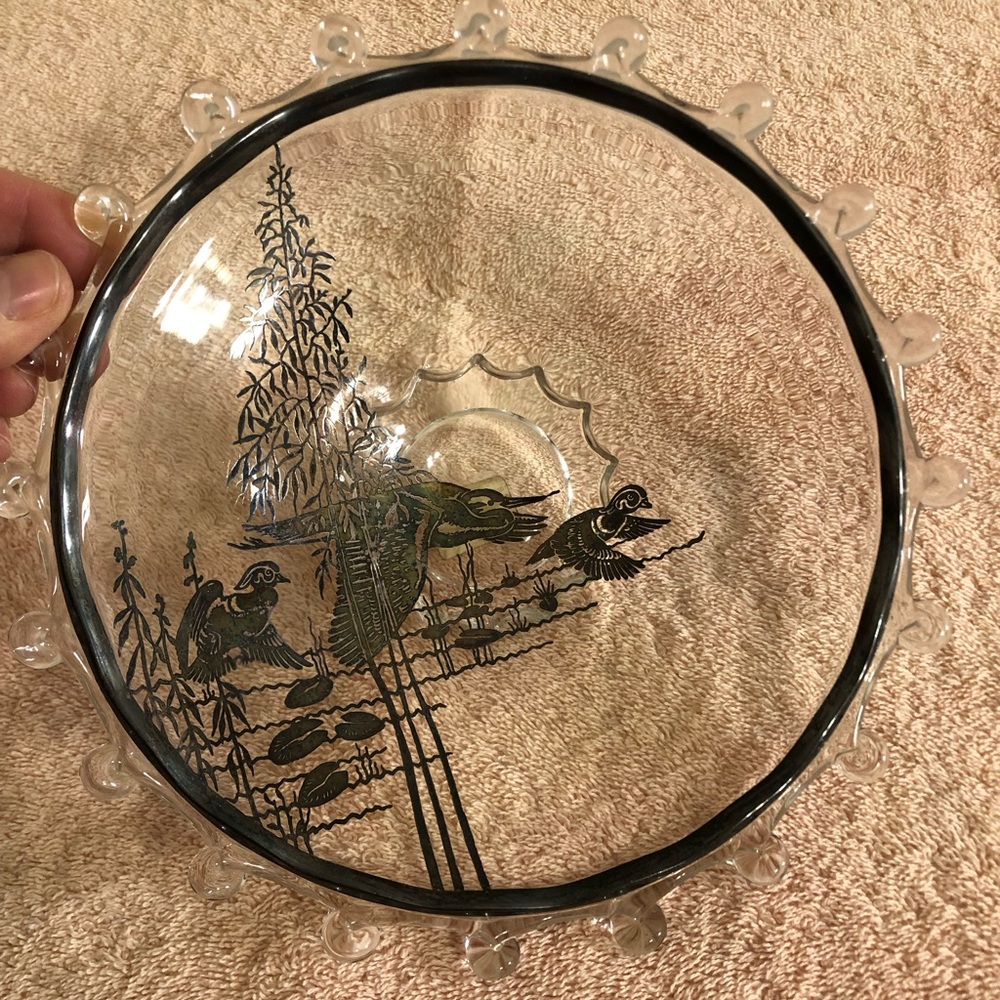 Vintage Heisey Glass Lariat Silver Overlay Footed Plate 8” Round Ducks